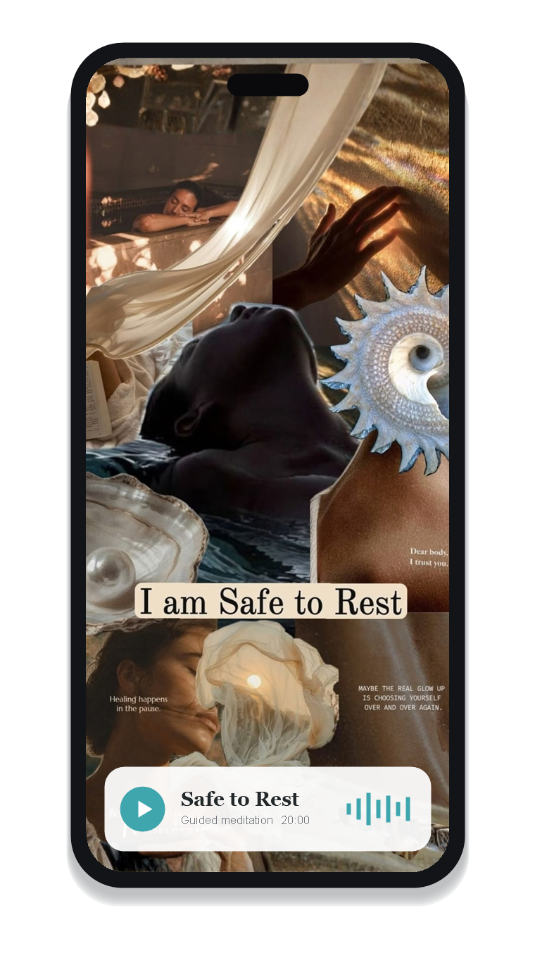 Safe to Rest meditation and lock-screen wallpaper shown on a phone.